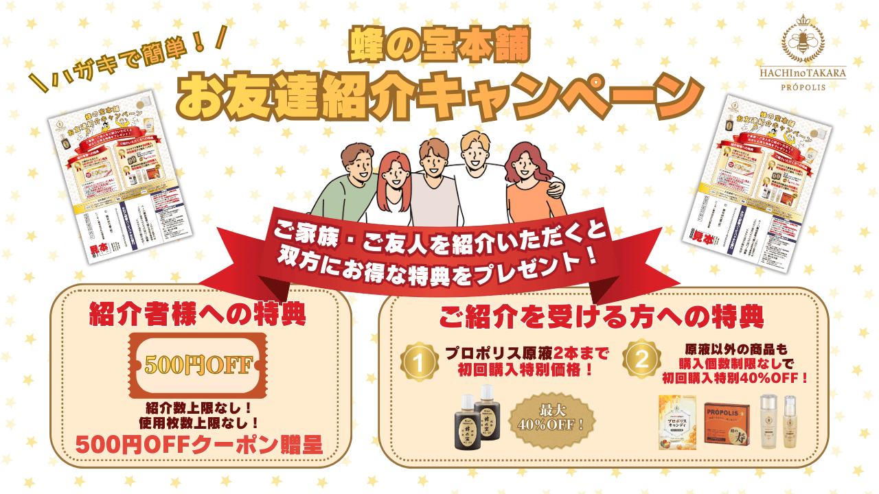 プロポリス専門店の蜂の宝本舗はお友達紹介キャンペーンを始めます。